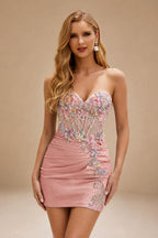 Rutipo Dusty Pink Sheath Strapless Satin Mini Homecoming Dress with Floral Beaded Corset Bodice