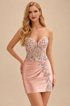 Rutipo Dusty Rose Sheath Strapless Satin Mini Homecoming Dress with Floral Beaded Corset Bodice