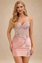Rutipo Dusty Rose Sheath Strapless Satin Mini Homecoming Dress with Floral Beaded Corset Bodice