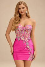 Rutipo Hot Pink Sheath Strapless Satin Mini Homecoming Dress with Floral Beaded Corset Bodice