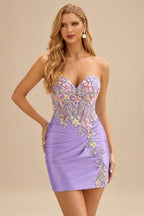 Rutipo Lilac Sheath Strapless Satin Mini Homecoming Dress with Floral Beaded Corset Bodice