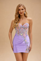 Rutipo Lilac Sheath Strapless Satin Mini Homecoming Dress with Floral Beaded Corset Bodice