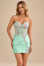Rutipo Mint Green Sheath Strapless Satin Mini Homecoming Dress with Floral Beaded Corset Bodice