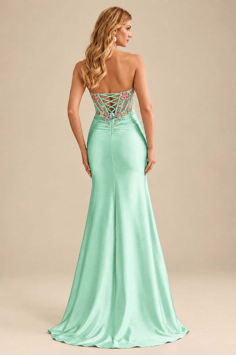 Rutipo Mint Green Sheath Strapless Satin Mini Homecoming Dress with Floral Beaded Corset Bodice