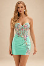 Rutipo Mint Green Sheath Strapless Satin Mini Homecoming Dress with Floral Beaded Corset Bodice