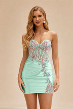 Rutipo Mint Green Sheath Strapless Satin Mini Homecoming Dress with Floral Beaded Corset Bodice