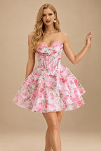 Rutipo Azalea Floral A-line Strapless Floral Print Corset Tiered Ruffle Mini Homecoming Dress