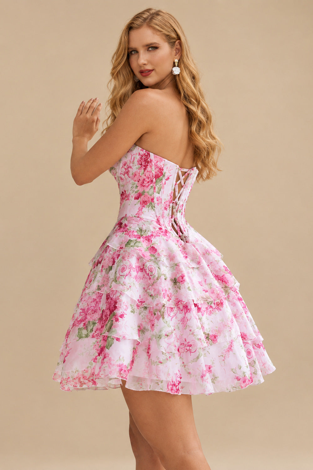 Rutipo Azalea Floral A-line Strapless Floral Print Corset Tiered Ruffle Mini Homecoming Dress