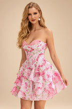 Rutipo Azalea Floral A-line Strapless Floral Print Corset Tiered Ruffle Mini Homecoming Dress