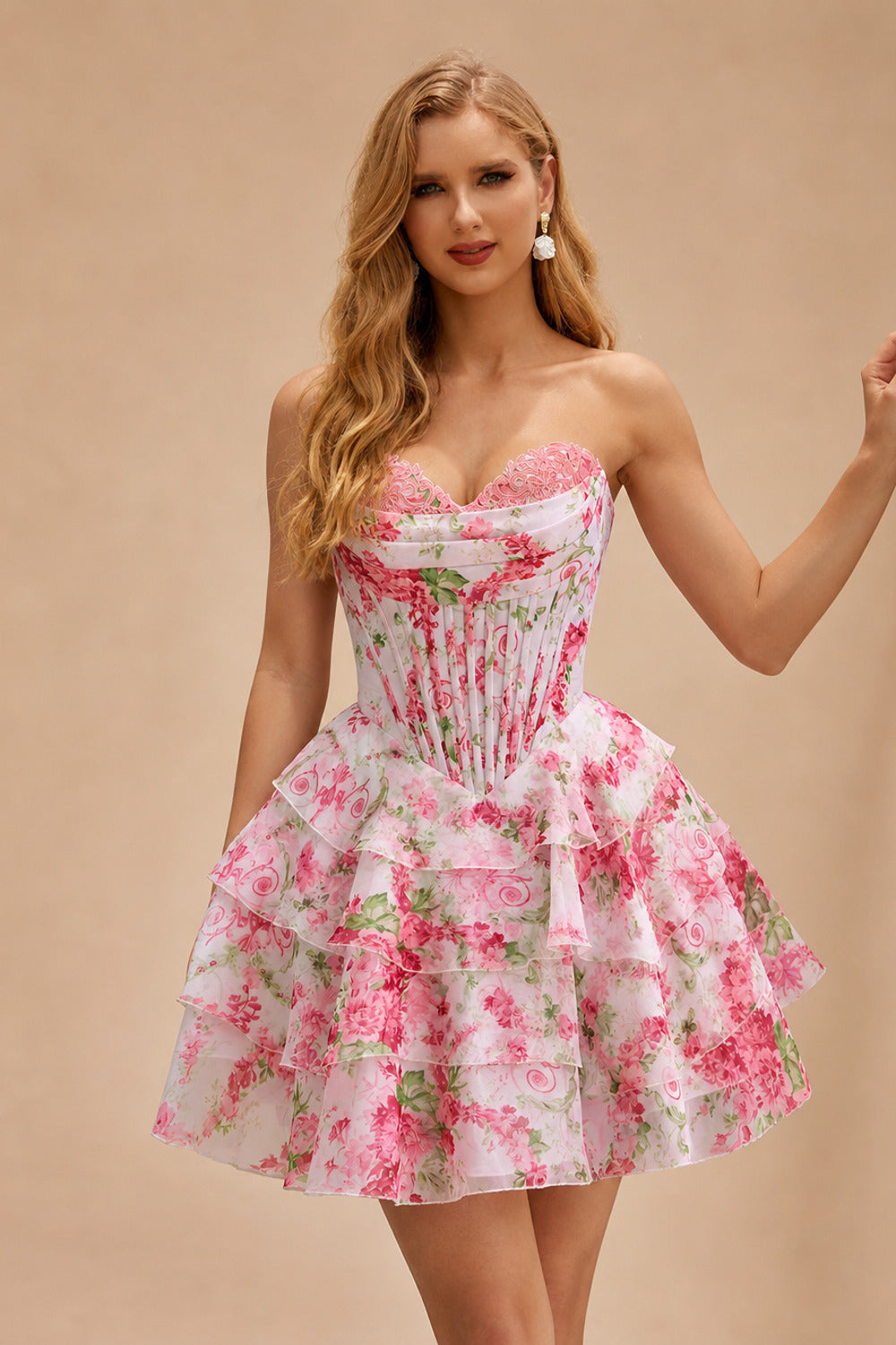 Rutipo Azalea Floral A-line Strapless Floral Print Corset Tiered Ruffle Mini Homecoming Dress