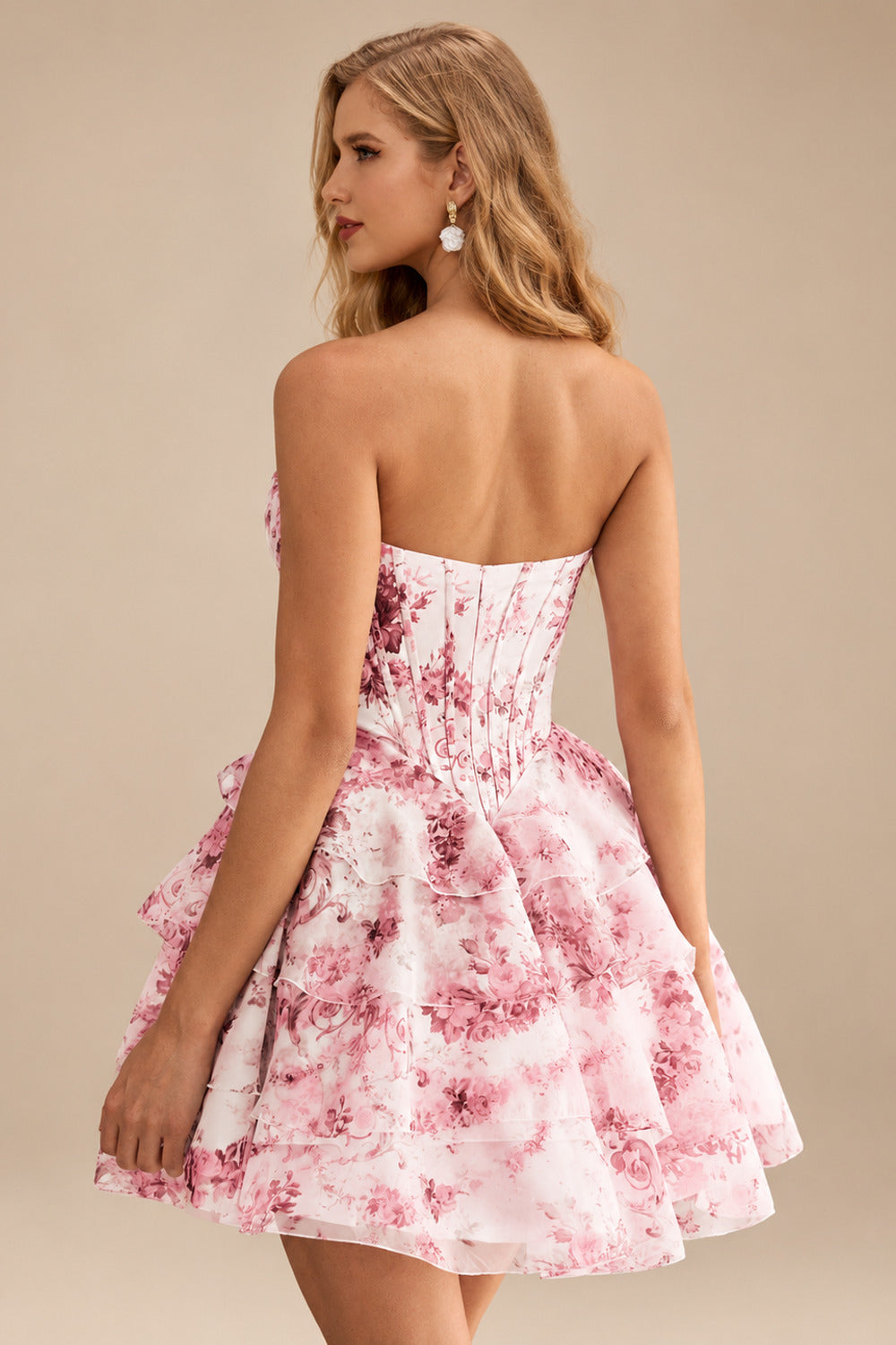 Rutipo Blushing Pink Floral A-line Strapless Floral Print Corset Tiered Ruffle Mini Homecoming Dress