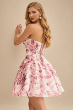 Rutipo Blushing Pink Floral A-line Strapless Floral Print Corset Tiered Ruffle Mini Homecoming Dress