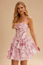 Rutipo Blushing Pink Floral A-line Strapless Floral Print Corset Tiered Ruffle Mini Homecoming Dress