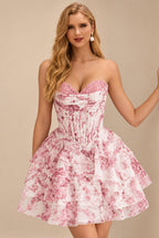 Rutipo Blushing Pink Floral A-line Strapless Floral Print Corset Tiered Ruffle Mini Homecoming Dress