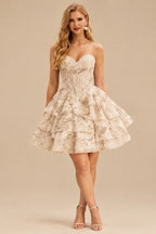 Rutipo Champagne Floral A-line Strapless Floral Print Corset Tiered Ruffle Mini Homecoming Dress