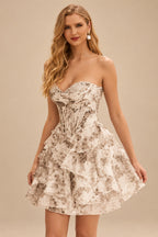 Rutipo Champagne Floral A-line Strapless Floral Print Corset Tiered Ruffle Mini Homecoming Dress