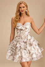 Rutipo Champagne Floral A-line Strapless Floral Print Corset Tiered Ruffle Mini Homecoming Dress
