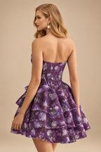 Rutipo Grape Floral A-line Strapless Floral Print Corset Tiered Ruffle Mini Homecoming Dress