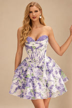 Rutipo Grape Floral A-line Strapless Floral Print Corset Tiered Ruffle Mini Homecoming Dress