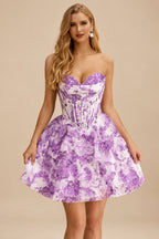 Rutipo Purple Floral A-line Strapless Floral Print Corset Tiered Ruffle Mini Homecoming Dress