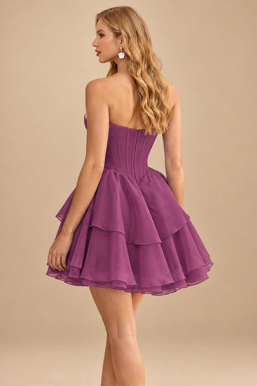 Rutipo Purple Floral A-line Strapless Floral Print Corset Tiered Ruffle Mini Homecoming Dress