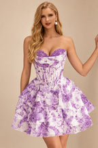 Rutipo Purple Floral A-line Strapless Floral Print Corset Tiered Ruffle Mini Homecoming Dress