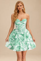 Rutipo Sage Floral A-line Strapless Floral Print Corset Tiered Ruffle Mini Homecoming Dress