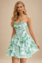 Rutipo Sage Floral A-line Strapless Floral Print Corset Tiered Ruffle Mini Homecoming Dress