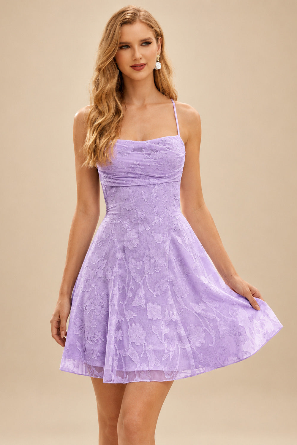 Rutipo Lilac A-line Square Neckline Jacquard Mini Homecoming Dress with Pleated