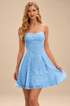 Rutipo Sky Blue A-line Square Neckline Jacquard Mini Homecoming Dress with Pleated