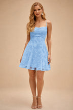 Rutipo Sky Blue A-line Square Neckline Jacquard Mini Homecoming Dress with Pleated