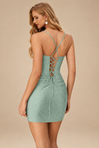 Rutipo Agave Green Sparkly Hotfix Silk like Satin Bodycon Mini Homecoming Dress Corset Bodice