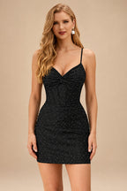 Rutipo Black Sparkly Hotfix Silk like Satin Bodycon Mini Homecoming Dress Corset Bodice