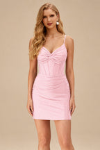 Rutipo Blushing Pink Sparkly Hotfix Silk like Satin Bodycon Mini Homecoming Dress Corset Bodice