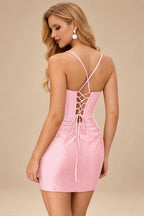 Rutipo Blushing Pink Sparkly Hotfix Silk like Satin Bodycon Mini Homecoming Dress Corset Bodice