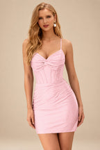 Rutipo Blushing Pink Sparkly Hotfix Silk like Satin Bodycon Mini Homecoming Dress Corset Bodice