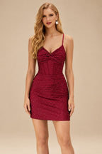 Rutipo Burgundy Sparkly Hotfix Silk like Satin Bodycon Mini Homecoming Dress Corset Bodice