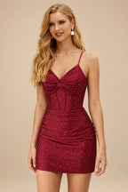 Rutipo Burgundy Sparkly Hotfix Silk like Satin Bodycon Mini Homecoming Dress Corset Bodice