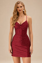 Rutipo Burgundy Sparkly Hotfix Silk like Satin Bodycon Mini Homecoming Dress Corset Bodice