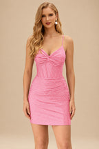 Rutipo Candy Pink Sparkly Hotfix Silk like Satin Bodycon Mini Homecoming Dress Corset Bodice