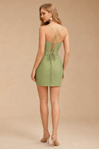 Rutipo Celadon Sparkly Hotfix Silk like Satin Bodycon Mini Homecoming Dress Corset Bodice