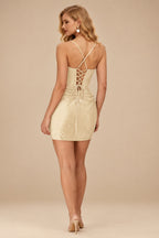 Rutipo Champagne Sparkly Hotfix Silk like Satin Bodycon Mini Homecoming Dress Corset Bodice