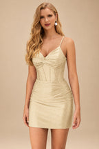 Rutipo Champagne Sparkly Hotfix Silk like Satin Bodycon Mini Homecoming Dress Corset Bodice