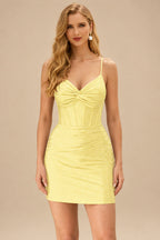 Rutipo Daffodil Sparkly Hotfix Silk like Satin Bodycon Mini Homecoming Dress Corset Bodice