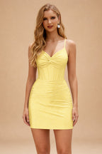 Rutipo Daffodil Sparkly Hotfix Silk like Satin Bodycon Mini Homecoming Dress Corset Bodice