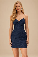 Rutipo Dark Navy Sparkly Hotfix Silk like Satin Bodycon Mini Homecoming Dress Corset Bodice