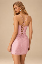 Rutipo Dusty Pink Sparkly Hotfix Silk like Satin Bodycon Mini Homecoming Dress Corset Bodice
