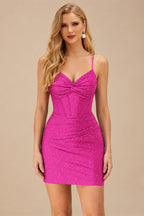 Rutipo Fuchsia Sparkly Hotfix Silk like Satin Bodycon Mini Homecoming Dress Corset Bodice
