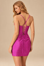 Rutipo Fuchsia Sparkly Hotfix Silk like Satin Bodycon Mini Homecoming Dress Corset Bodice