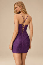 Rutipo Grape Sparkly Hotfix Silk like Satin Bodycon Mini Homecoming Dress Corset Bodice